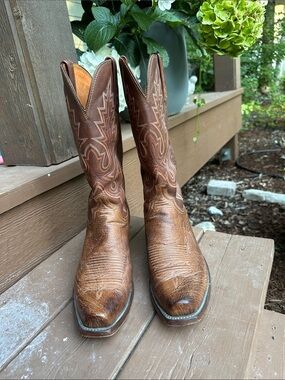 Lucchese Brown Leather Cowboy Boots - Embroidered Shaft